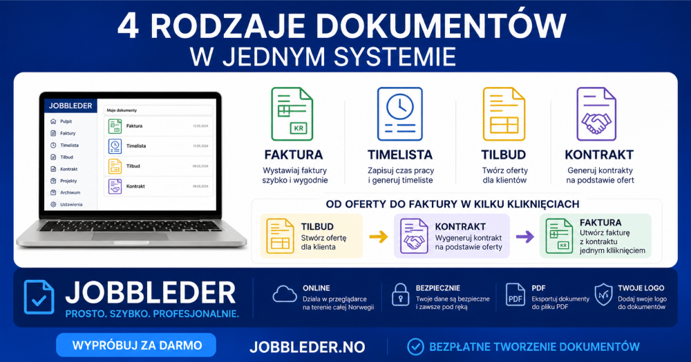 Jobbleder.no – darmowa aplikacja do szybkiego tworzenia kontraktów, faktur, timelist i ofert